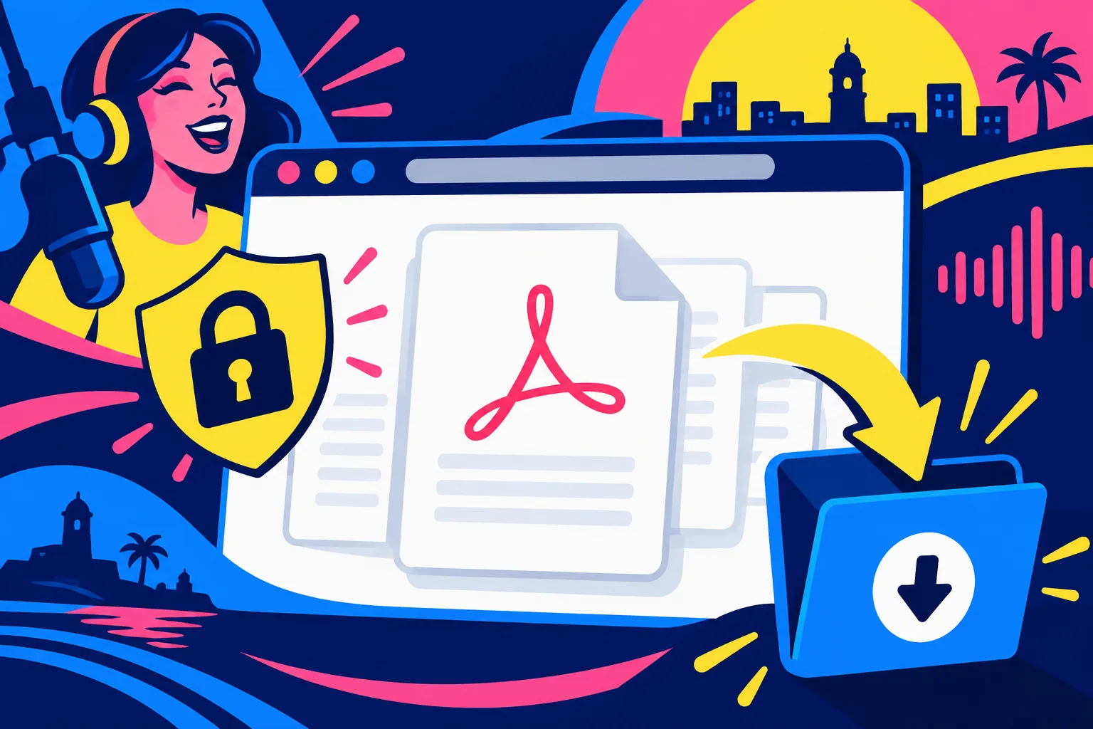 Flujo PDF en el navegador con candado de privacidad y carpeta de descarga