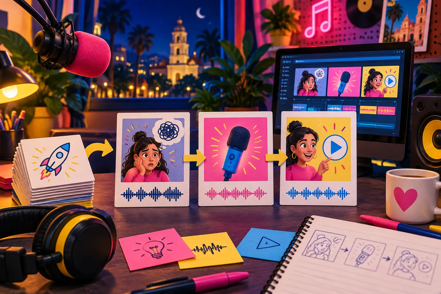 Tarjetas de brief convertidas en tres beats de un storyboard