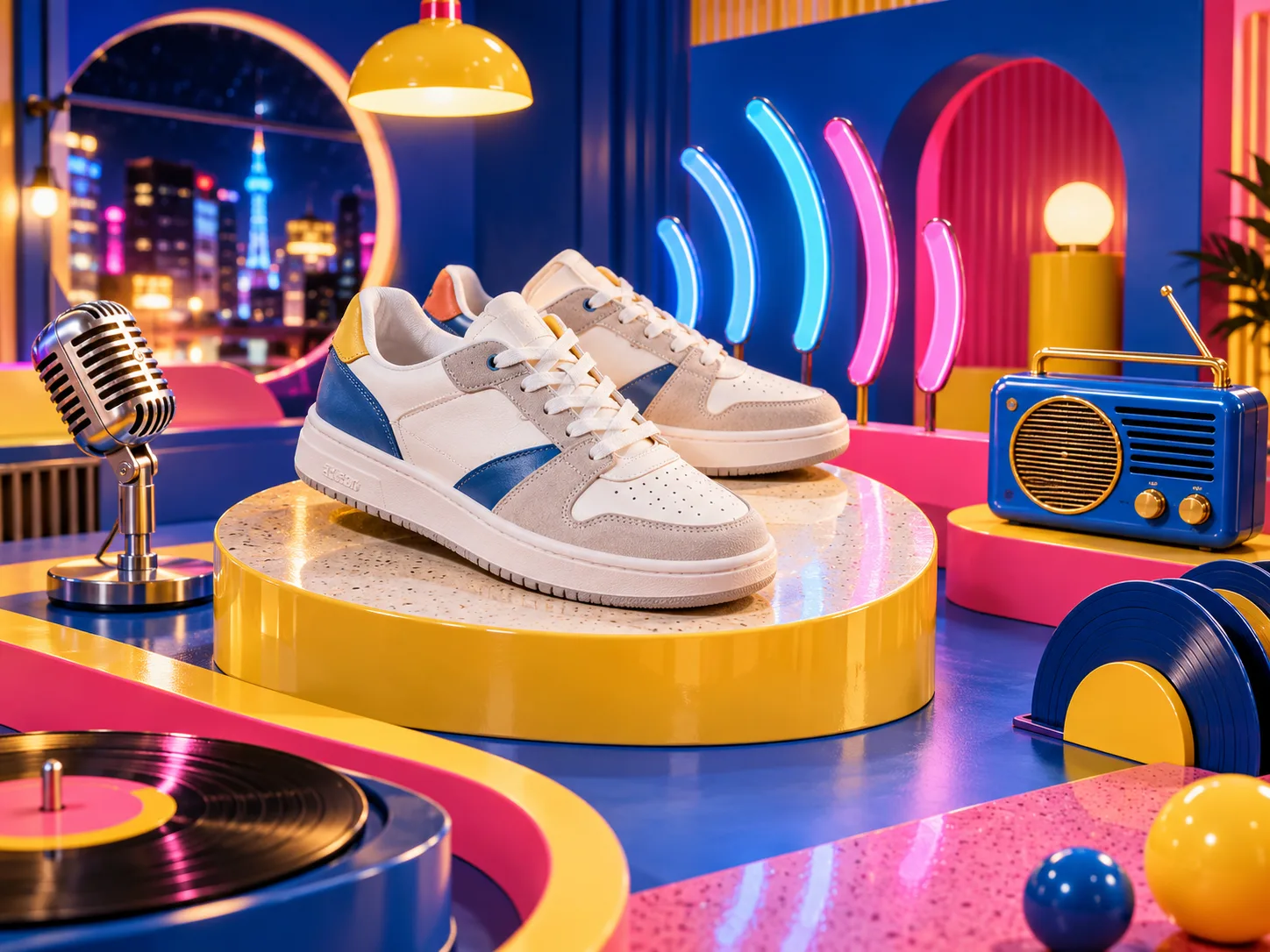Zapatillas en una escena de producto creada como diorama editorial