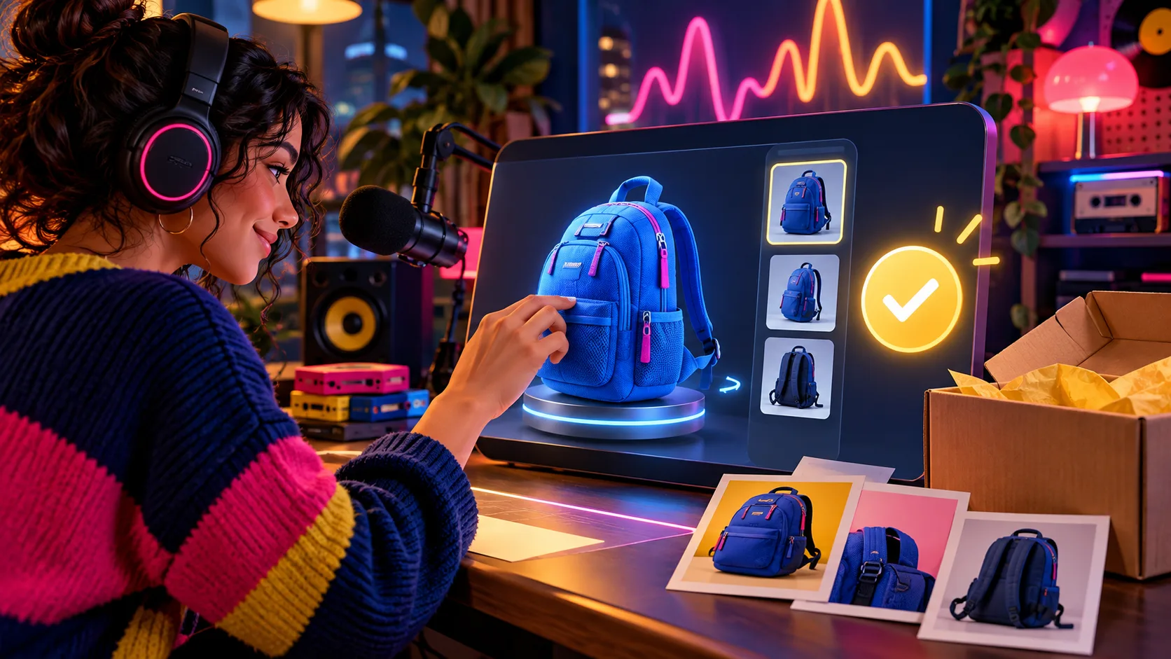 Compradora explorando un modelo 3D de mochila